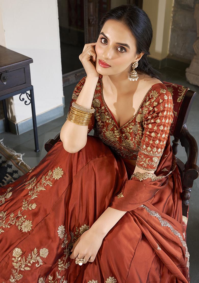 Red Silk Embroidered Lehenga Set