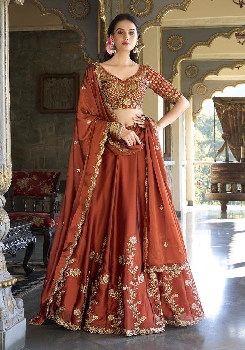 Red Silk Embroidered Lehenga Set