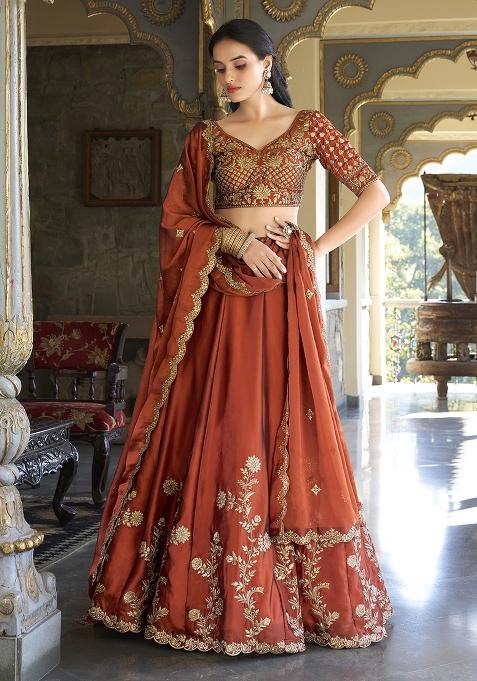Red Silk Embroidered Lehenga Set