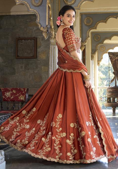 Red Silk Embroidered Lehenga Set