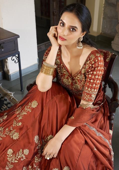 Red Silk Embroidered Lehenga Set