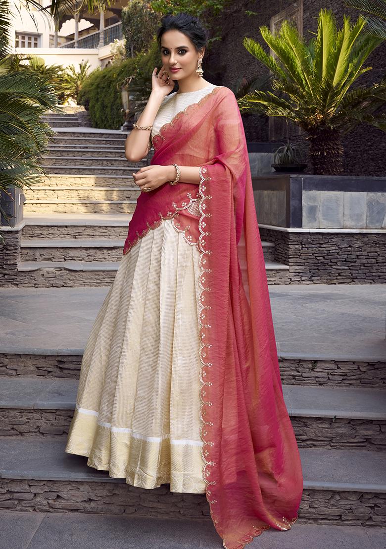 Peach Poly Blend Embroidered Lehenga Set