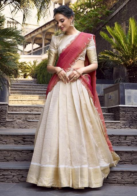 Peach Poly Blend Embroidered Lehenga Set
