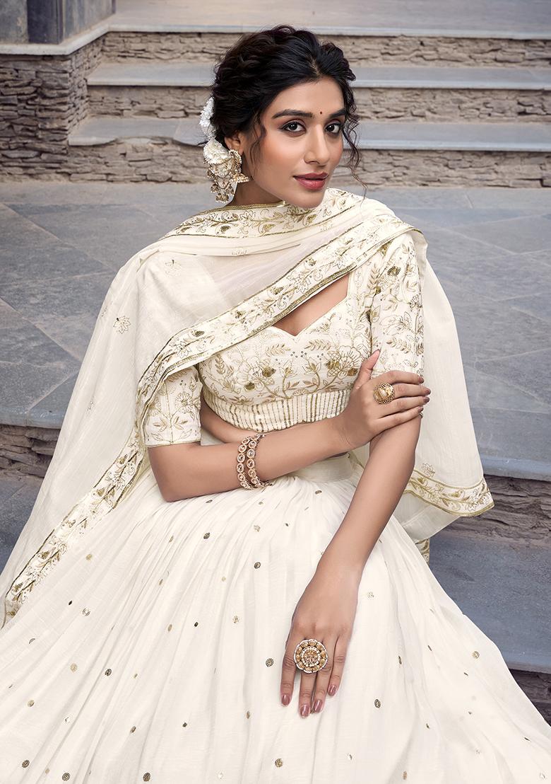 Off White Poly Blend Embroidered Lehenga Set