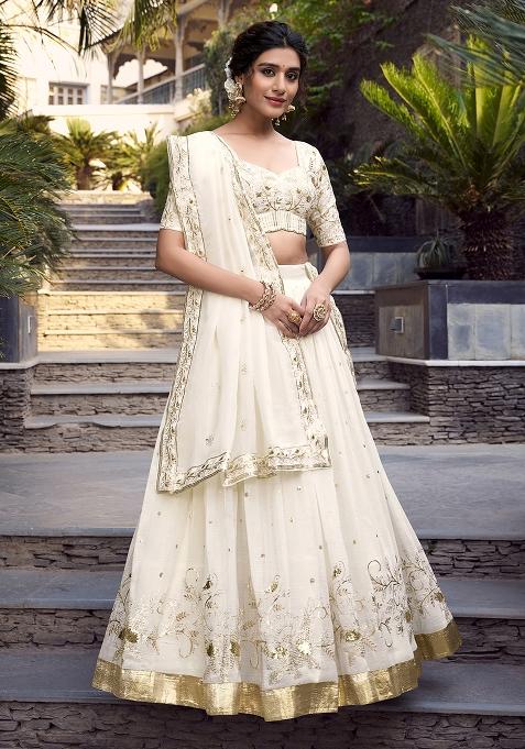Off White Poly Blend Embroidered Lehenga Set