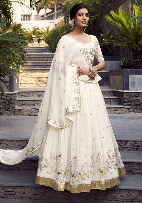 Off White Poly Blend Embroidered Lehenga Set