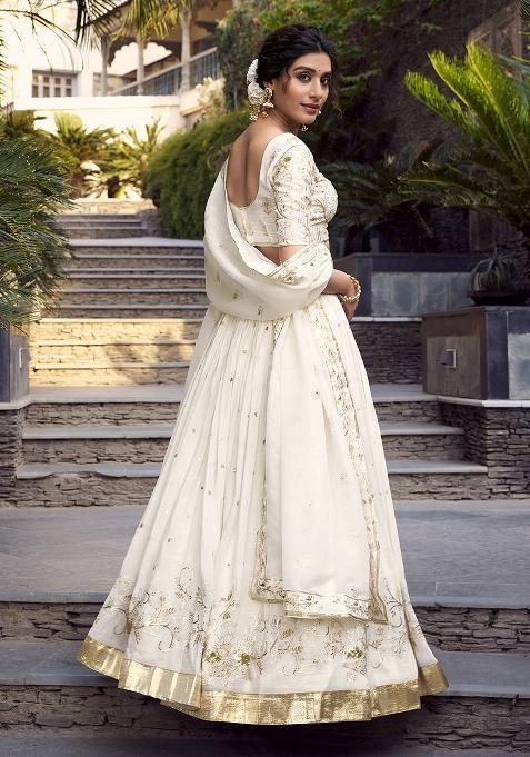 Off White Poly Blend Embroidered Lehenga Set
