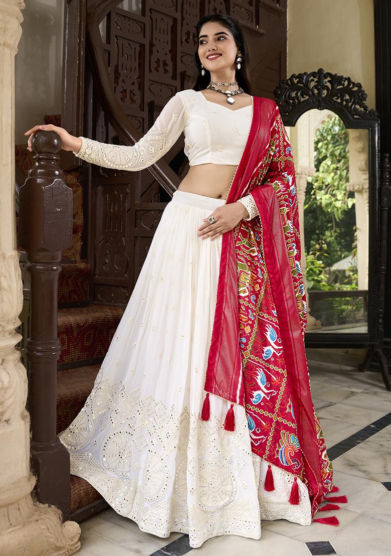 White Red Georgette Embroidered Lehenga Set
