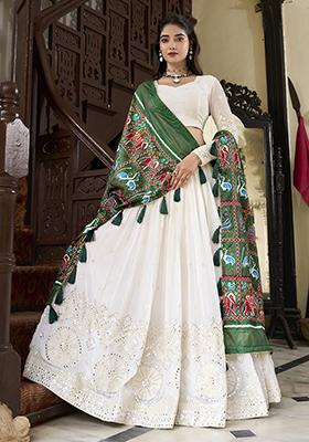 White Green Georgette Embroidered Lehenga Set