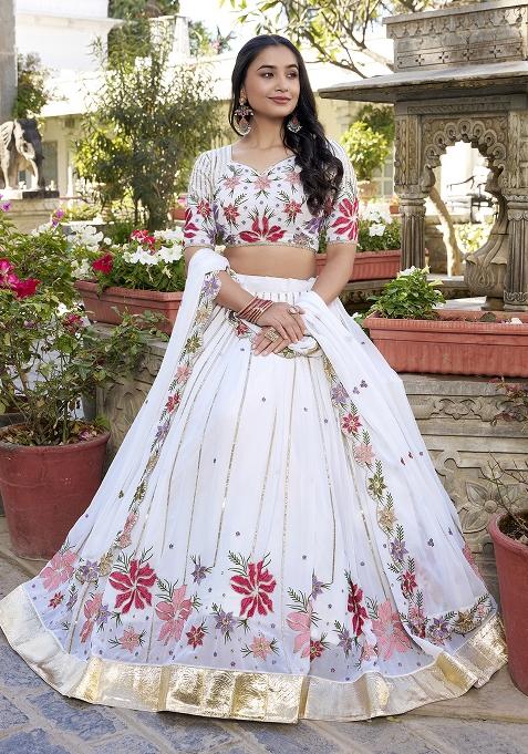 White Georgette Embroidered Lehenga Set