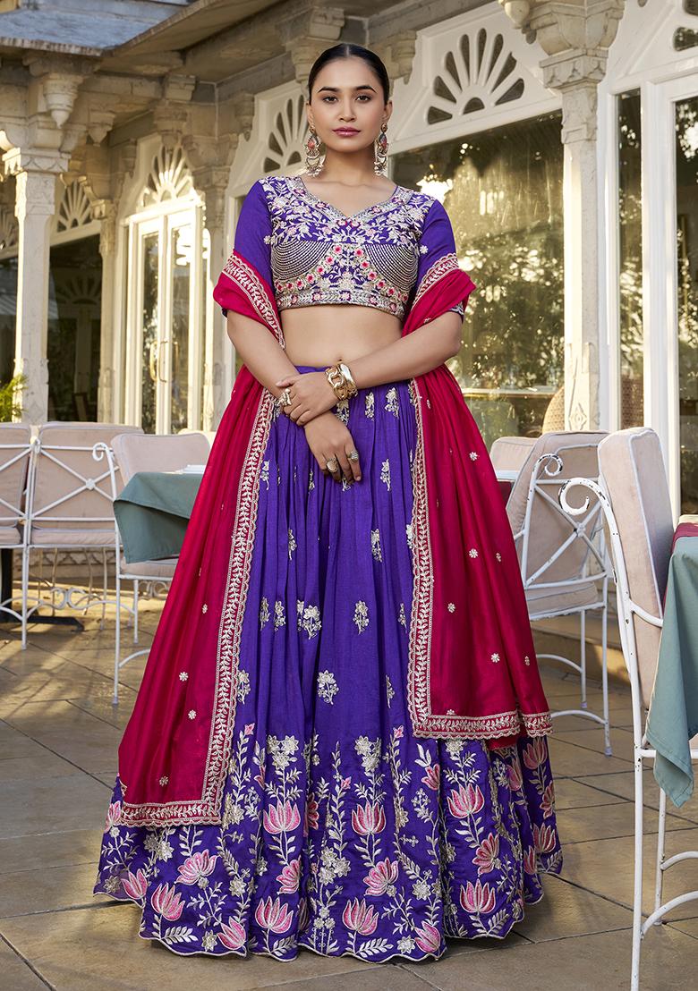 Purple Silk Embroidered Lehenga Set