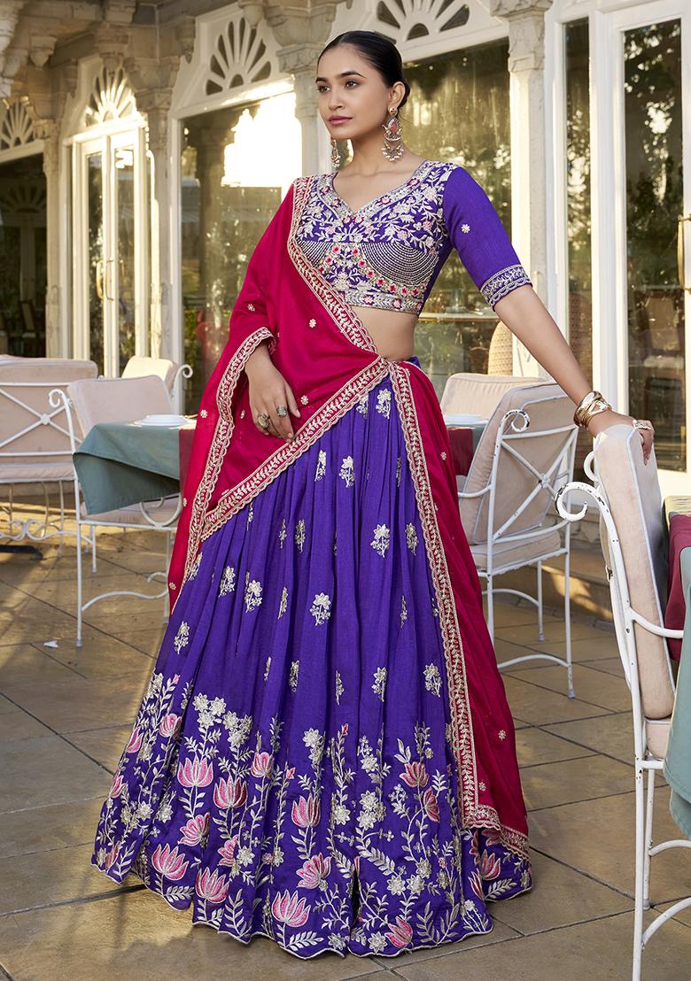 Purple Silk Embroidered Lehenga Set