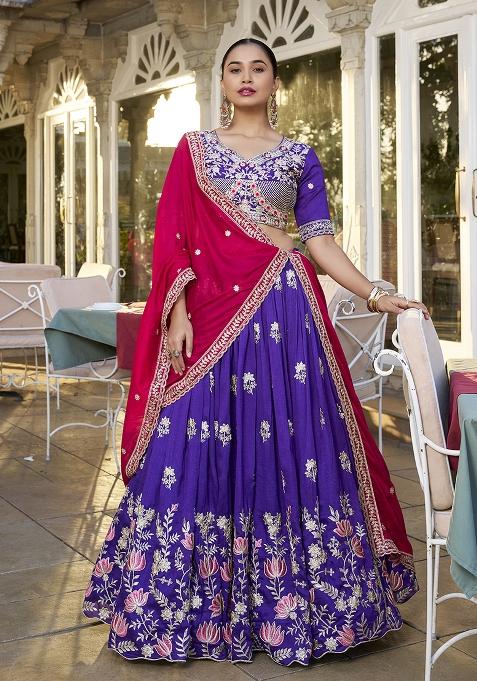 Purple Silk Embroidered Lehenga Set