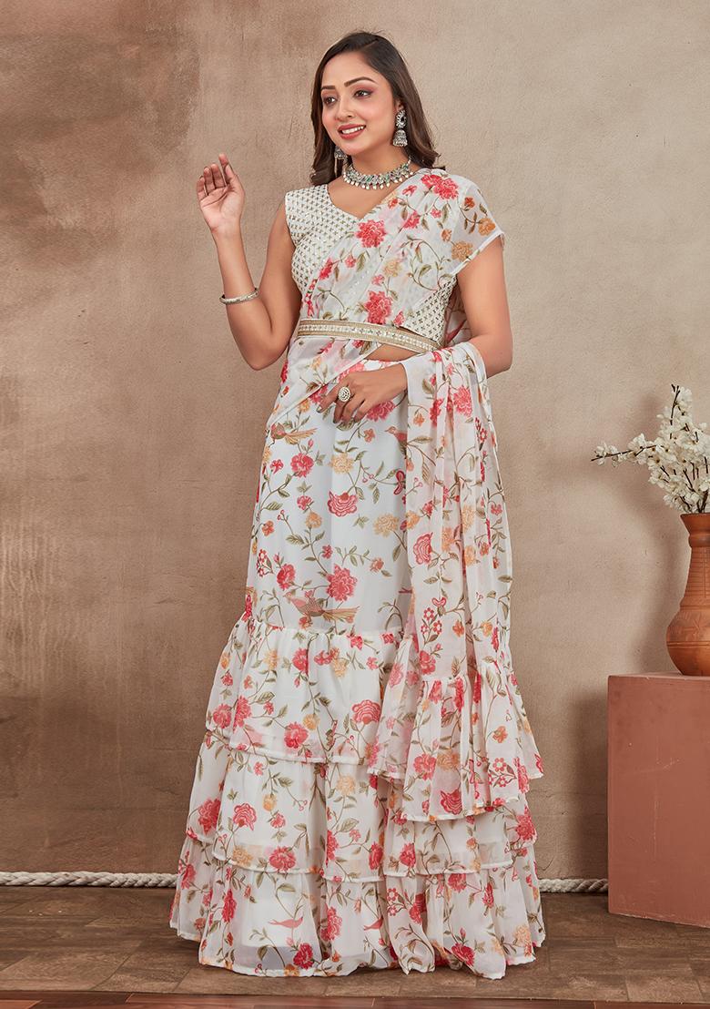 Off White Georgette Embroidered Lehenga Set