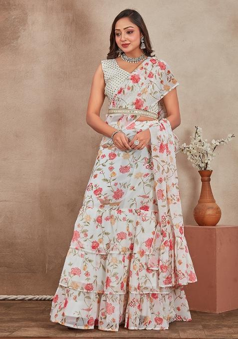 Off White Georgette Embroidered Lehenga Set