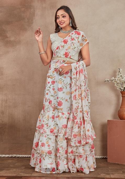 Off White Georgette Embroidered Lehenga Set