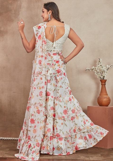 Off White Georgette Embroidered Lehenga Set