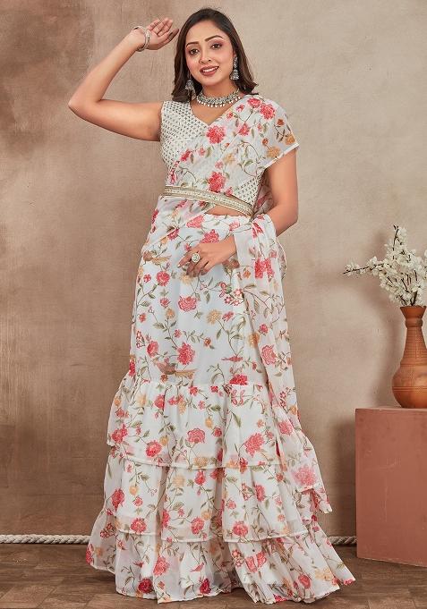 Off White Georgette Embroidered Lehenga Set