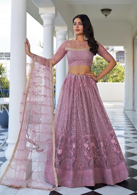 Lavender Net Embroidered Lehenga Set