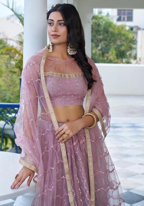 Lavender Net Embroidered Lehenga Set