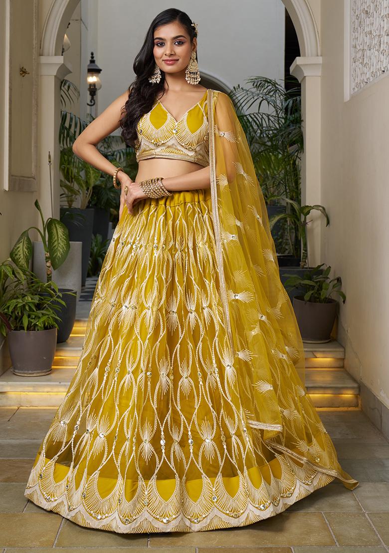 Mustard Yellow Net Embroidered Lehenga Set
