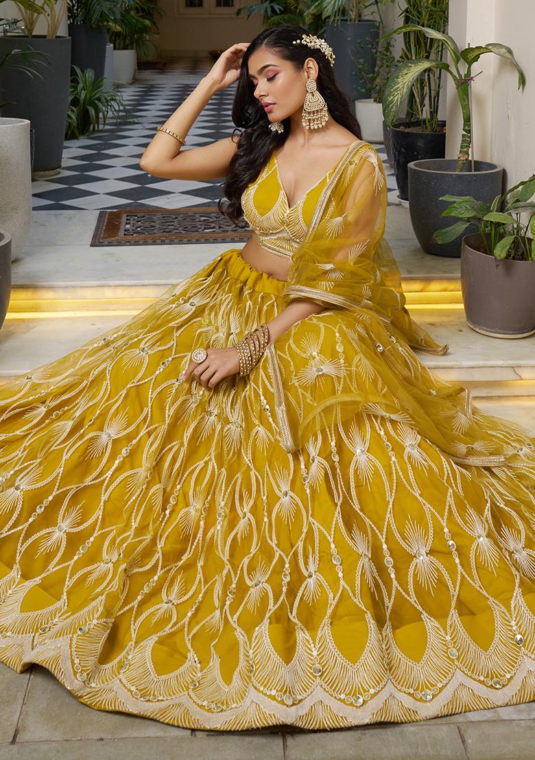 Mustard Yellow  Net Embroidered Lehenga Set