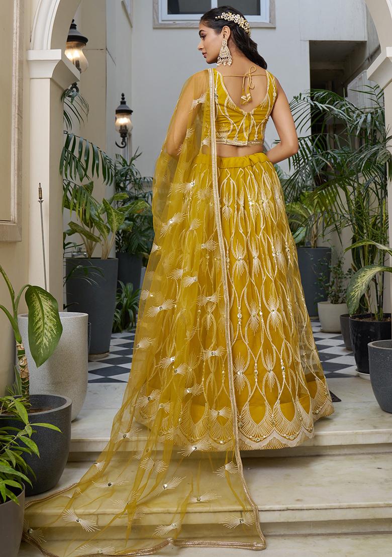 Mustard Yellow Net Embroidered Lehenga Set