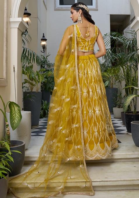 Mustard Yellow Net Embroidered Lehenga Set