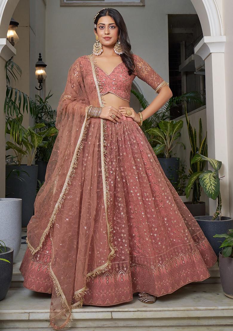 Rust Net Embroidered Lehenga Set
