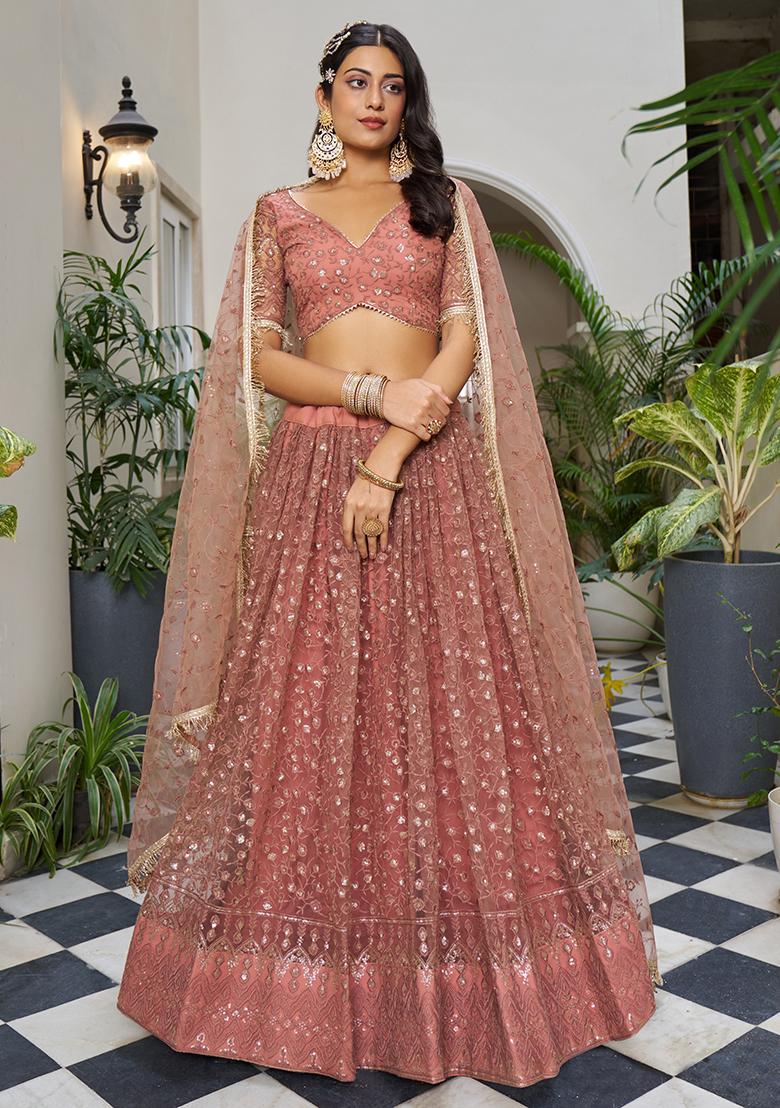 Rust Net Embroidered Lehenga Set
