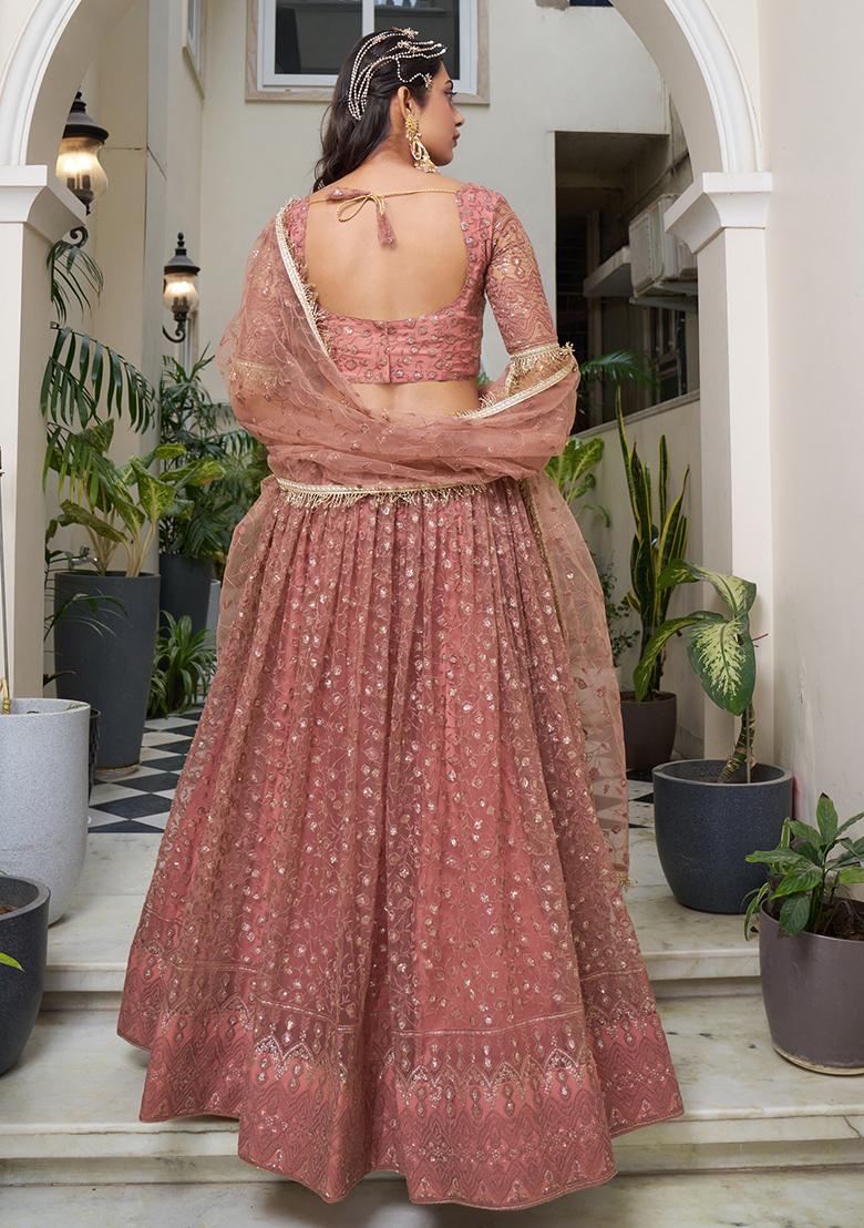 Rust Net Embroidered Lehenga Set