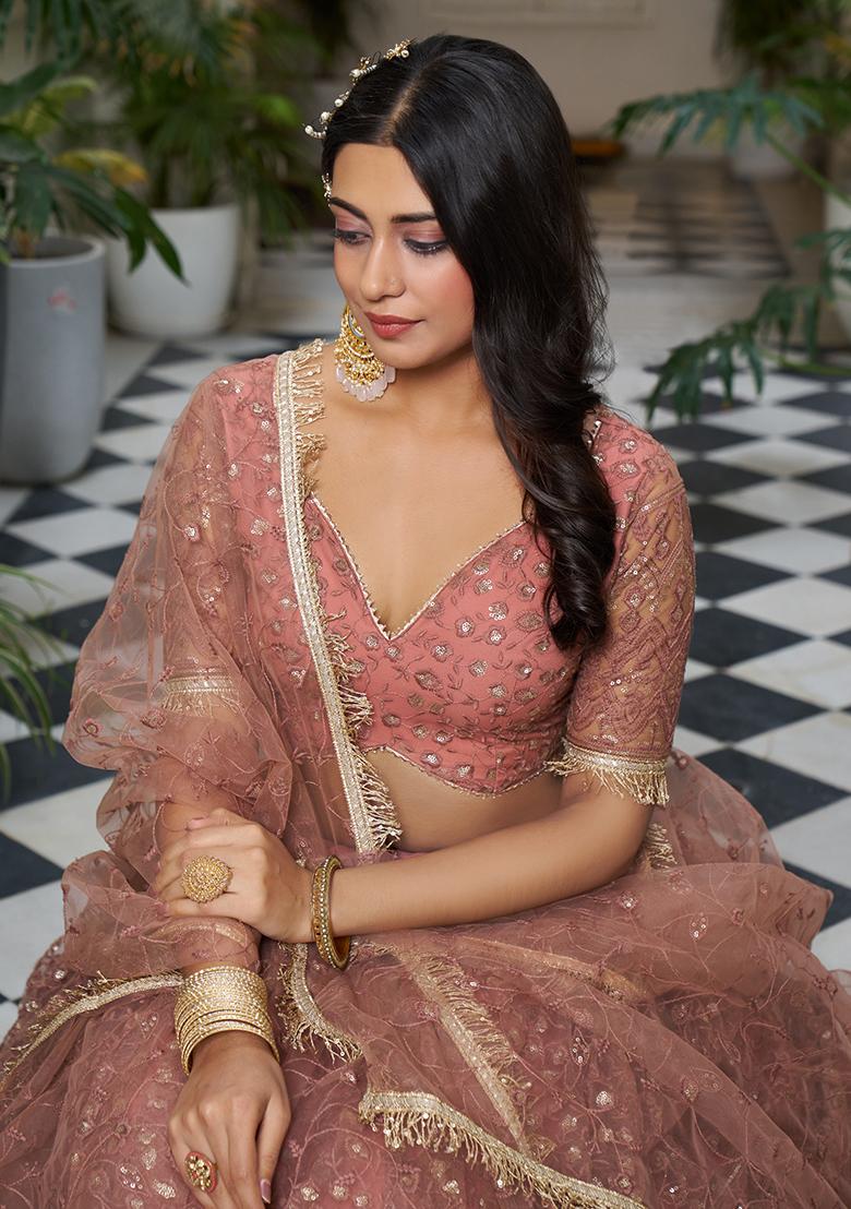 Rust Net Embroidered Lehenga Set