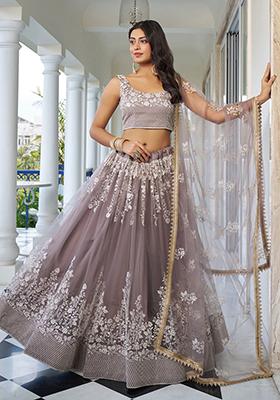 Light Dusty Brown Net Embroidered Lehenga Set