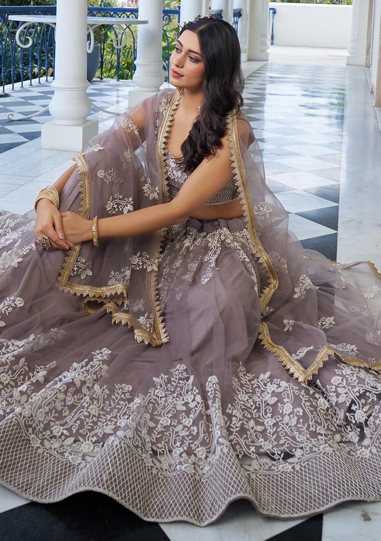 Light Dusty Brown Net Embroidered Lehenga Set