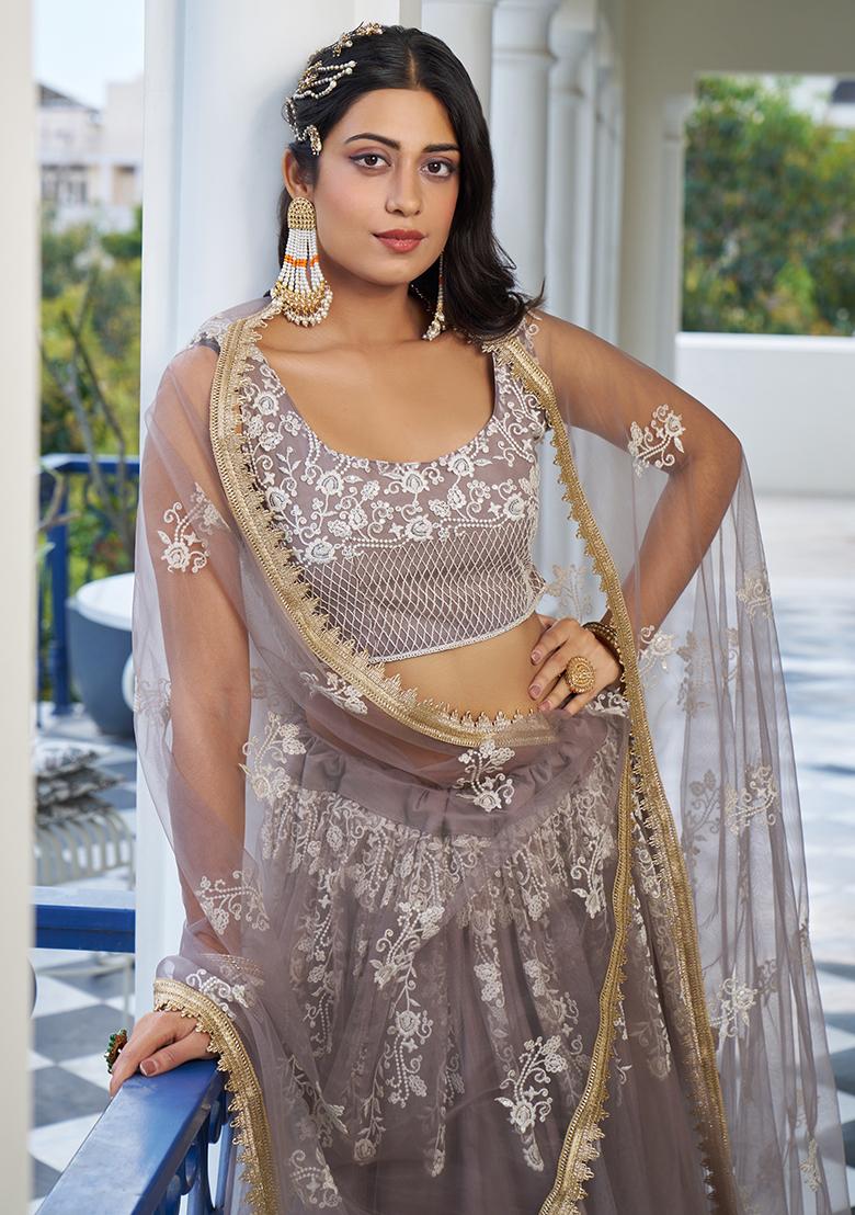 Light Dusty Brown Net Embroidered Lehenga Set