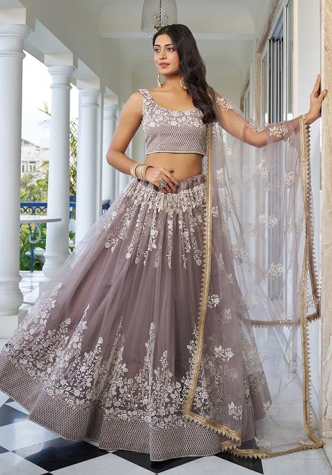 Light Dusty Brown Net Embroidered Lehenga Set