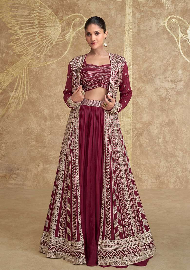 Maroon Digital Print Chinon Silk Blend Lehenga Set for Diwali and Festive Wear - Indya