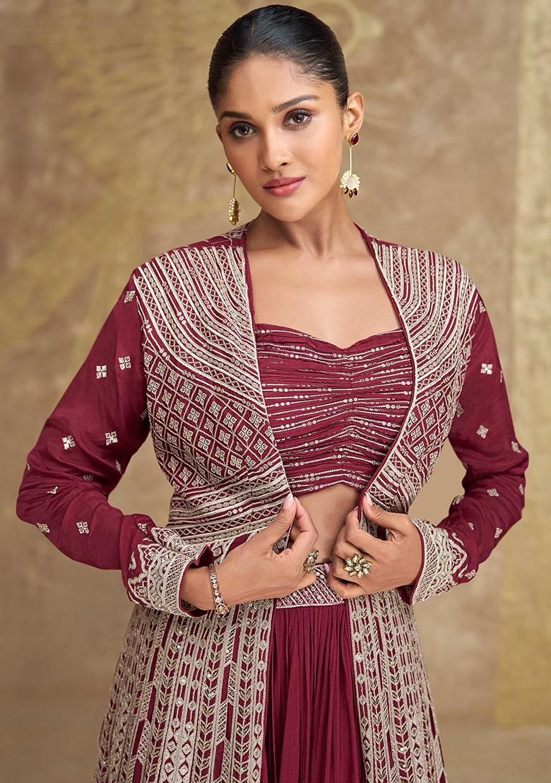 Maroon Digital Print Chinon Silk Lehenga Set