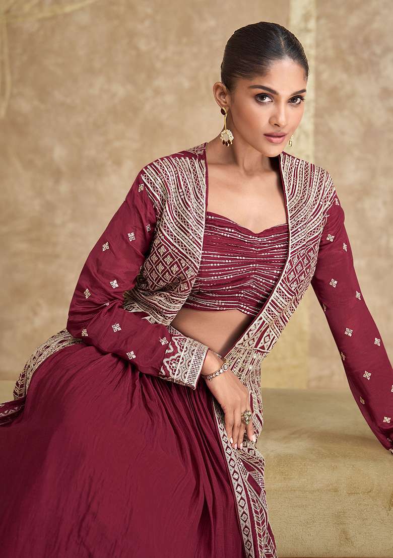 Maroon Digital Print Chinon Silk Blend Lehenga Set for Diwali and Festive Wear - Indya
