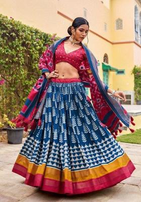 Blue Printed Silk Lehenga Set