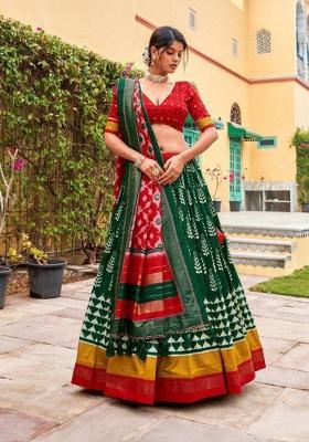 Green Printed Silk Lehenga Set
