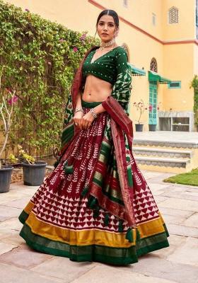 Red Printed Silk Lehenga Set