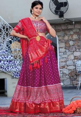 Red Printed Silk Lehenga Set