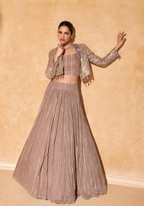 Rose Golden Digital Print Chinon Silk Lehenga Set