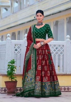 Red Bandhani Print Tissue Silk Lehenga Set
