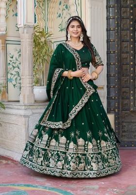 Green Embroidered Georgette Lehenga Set