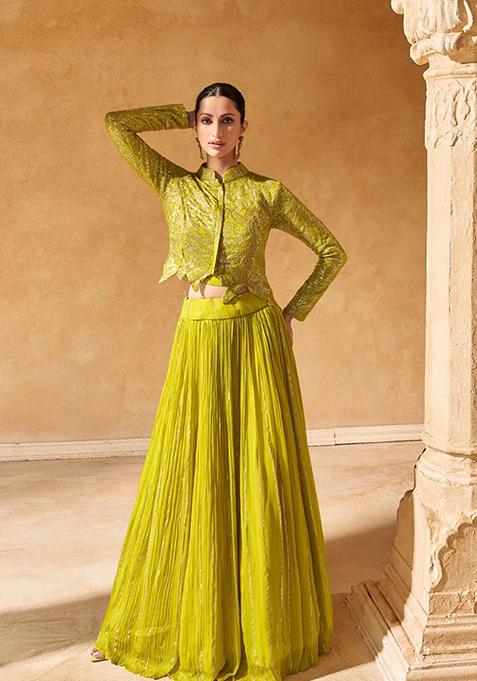 Yellow Digital Print Chinon Silk Lehenga Set — view on Indya