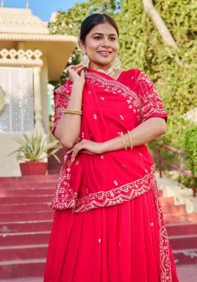 Red Embroidered Georgette Lehenga Set