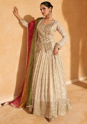 Beige Digital Print Jacquard Silk Lehenga Set