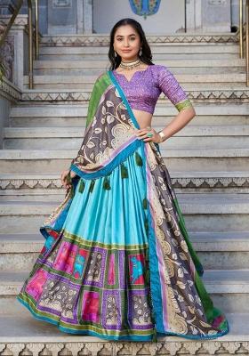Sky Blue Kalamkari Tissue Silk Lehenga Set